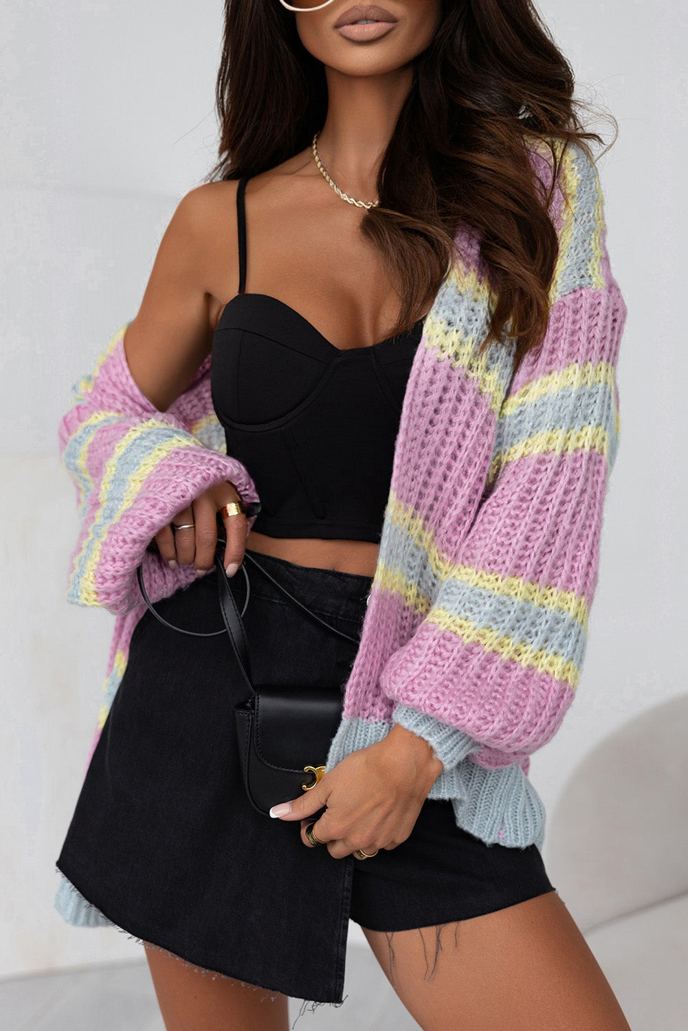 Cardigan torsadé ouvert sur le devant à rayures contrastées rose-A WOMAN WE LOVE