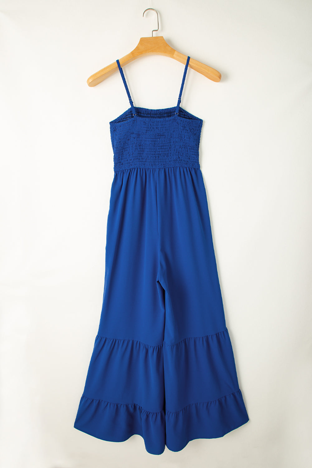 Navy Blue Spaghetti Strap Smocked Ruffle Wide Leg Jumpsuit