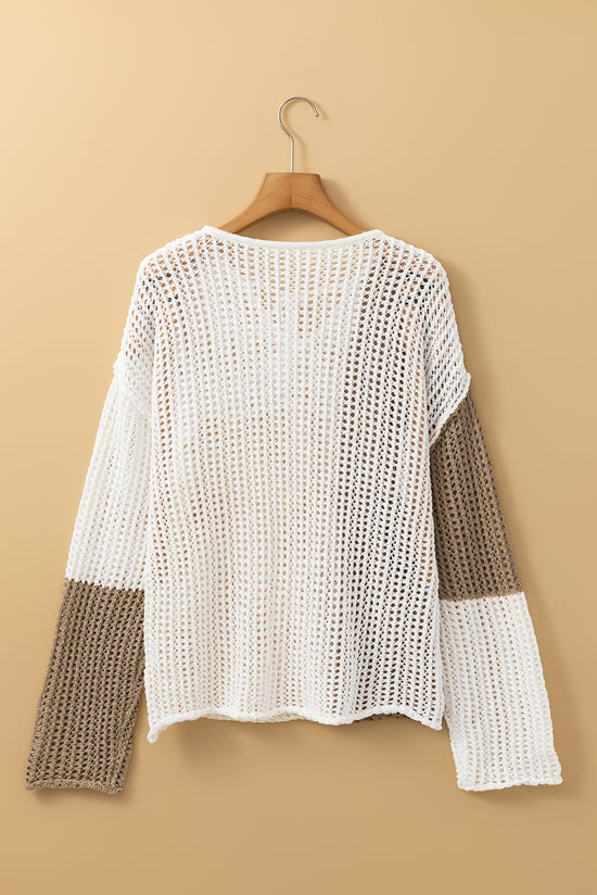 Lightweight V-neck sweater with openwork and knotted front in brown color block