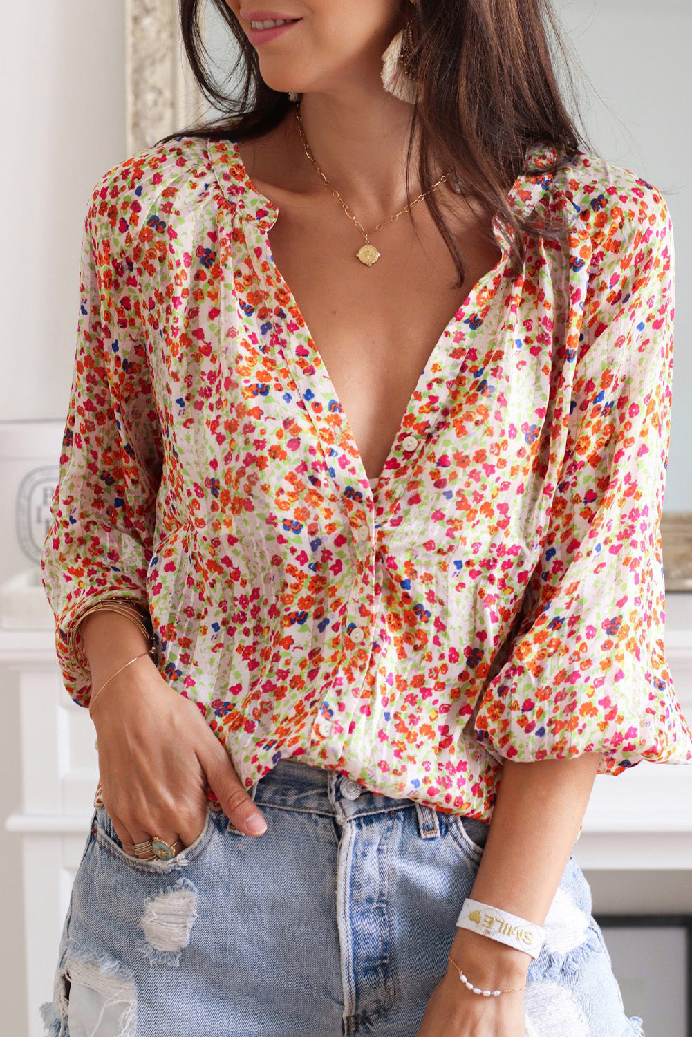 Multicolor Boho Floral Print Knopf Fronthemd