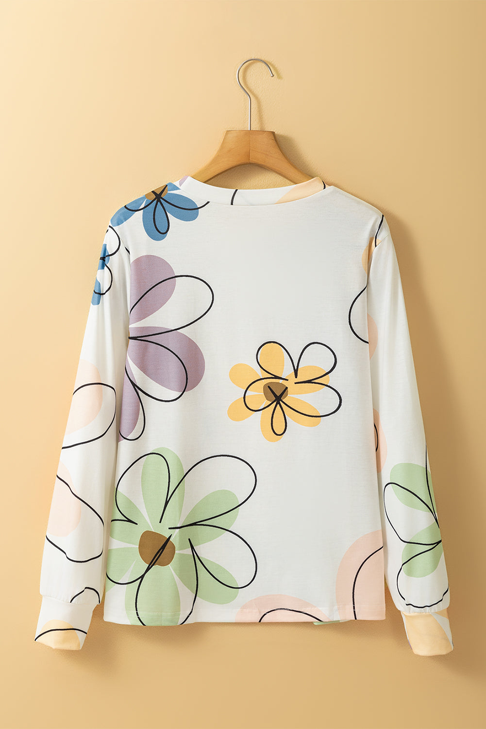 Camiseta de manga larga de cuello con estampado de estampado de flores beige