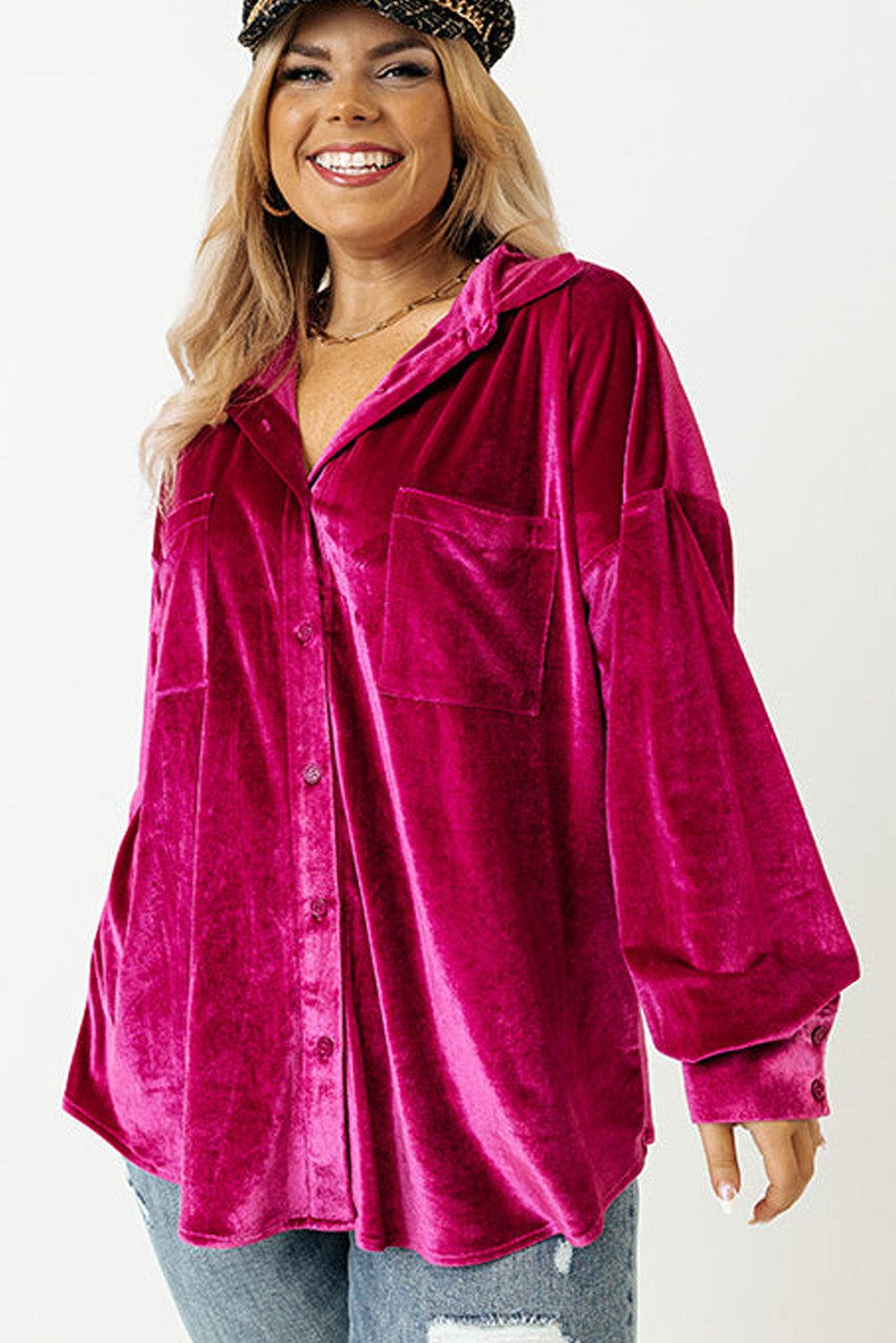 Chemise à épaules tombantes et poche poitrine en velours rose vif de grande taille