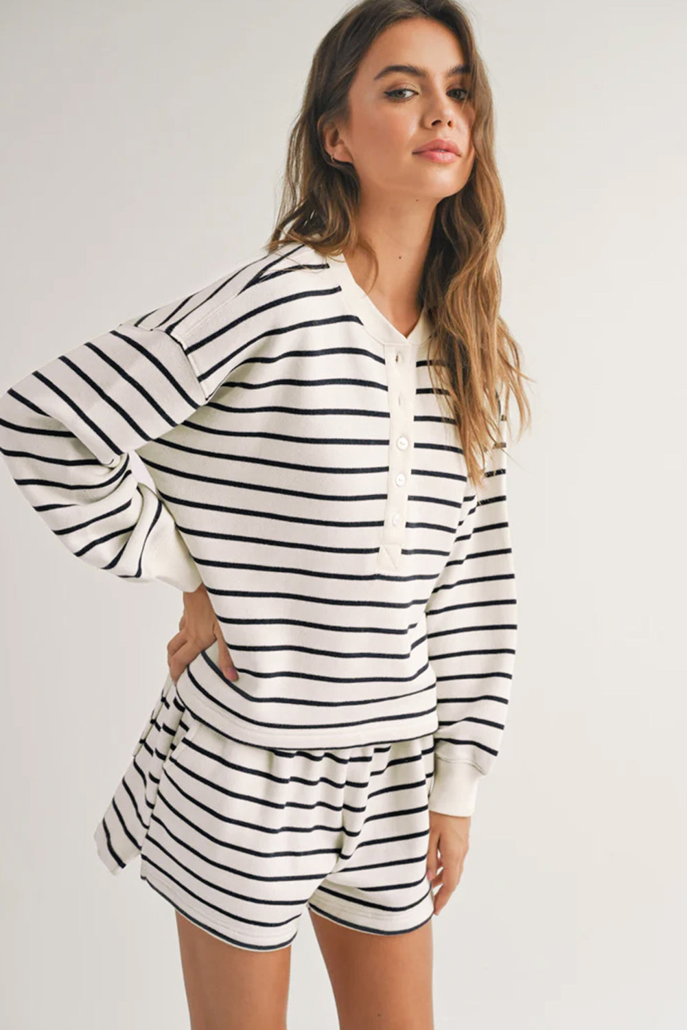 Black and white striped printed half button long sleeve top and shorts set