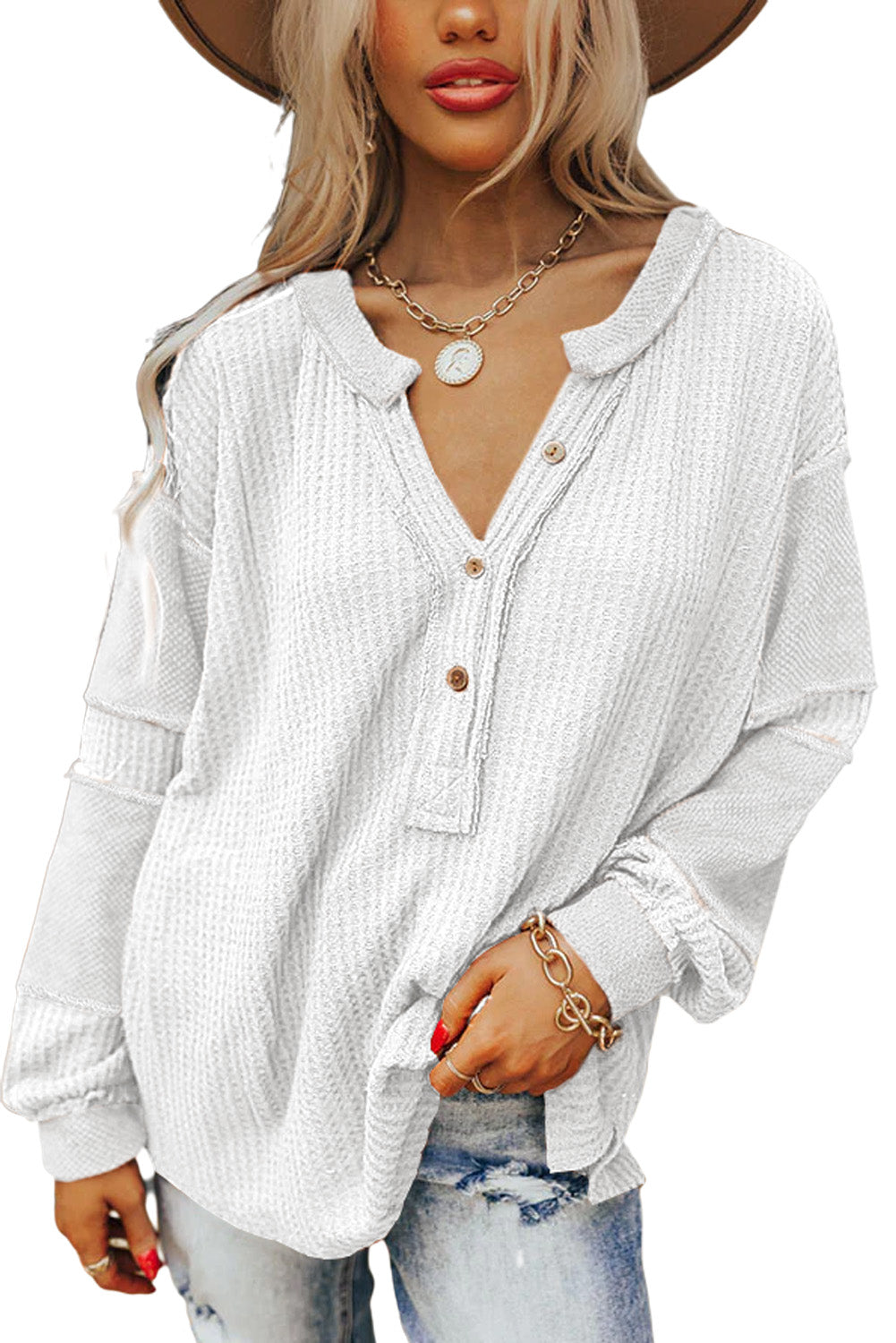 White Contrast Patched Exposed Seam Waffle Knit Henley Top