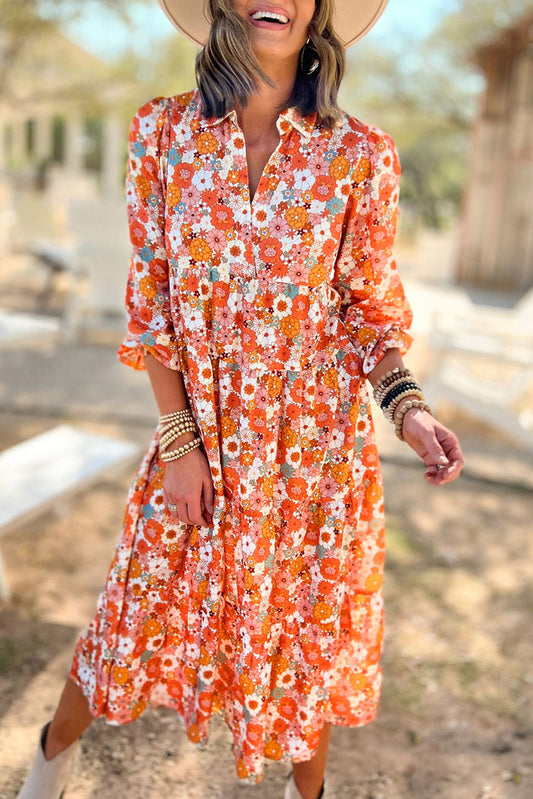 Multicolor Boho Blumenkragen Langarm gekräuseltes Kleid