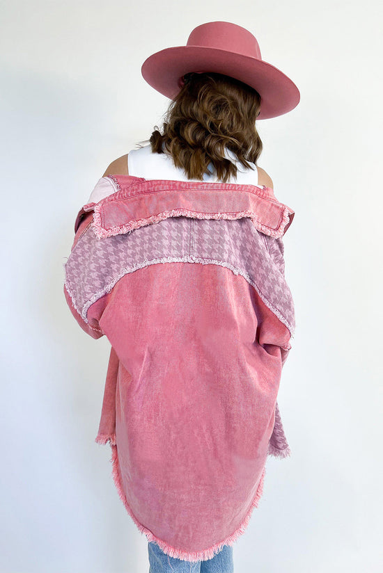 Retro pink distressed houndstooth patchwork denim jacket