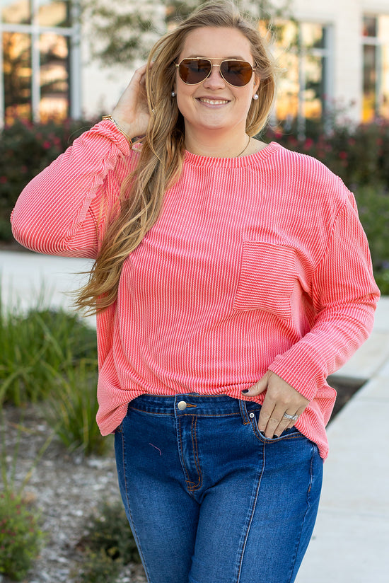 Peach Blossom Plus Size Textured Ribbed Long Sleeve T-Shirt