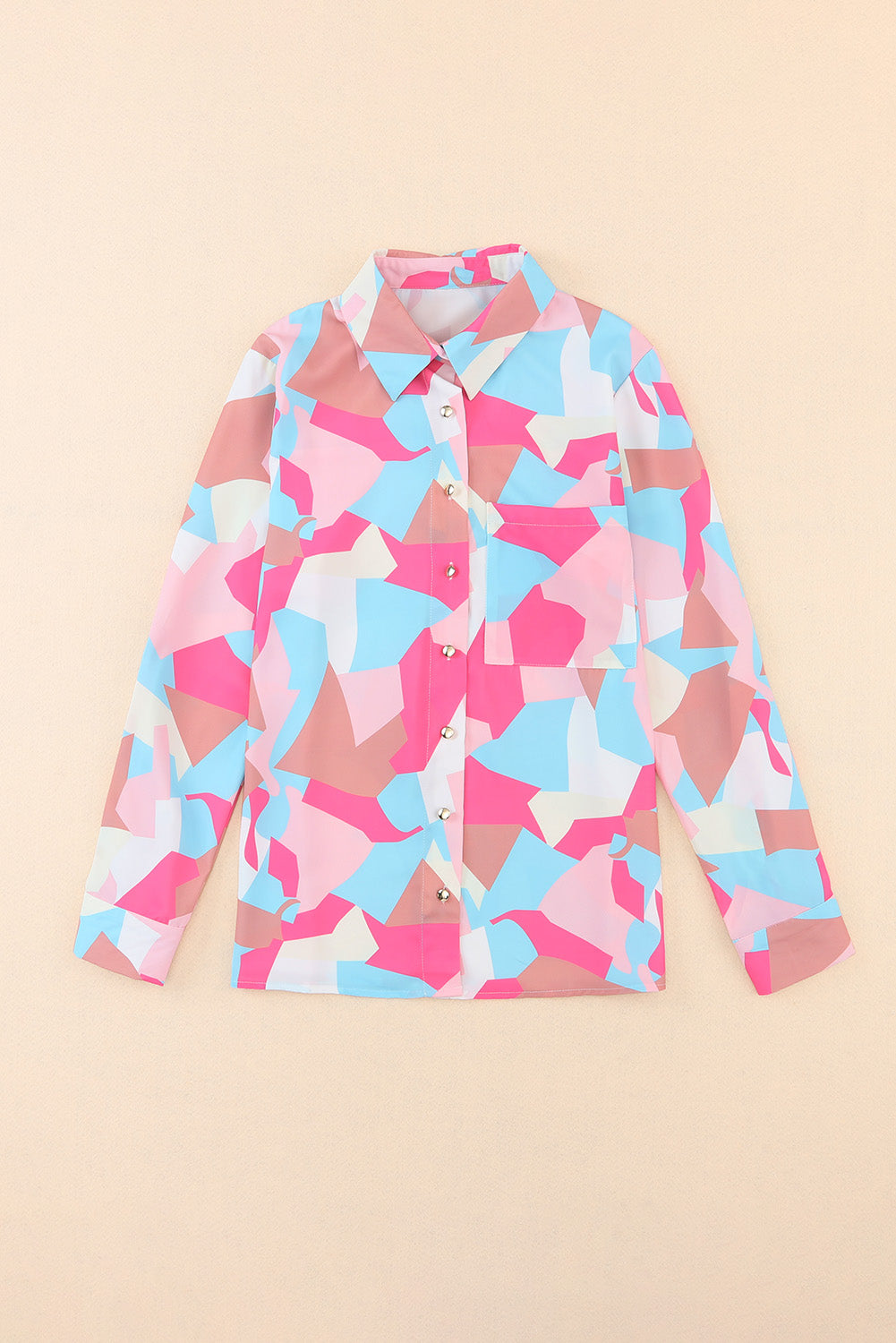 Pink Geometric Block Printed Roll Tab Sleeve Shirt