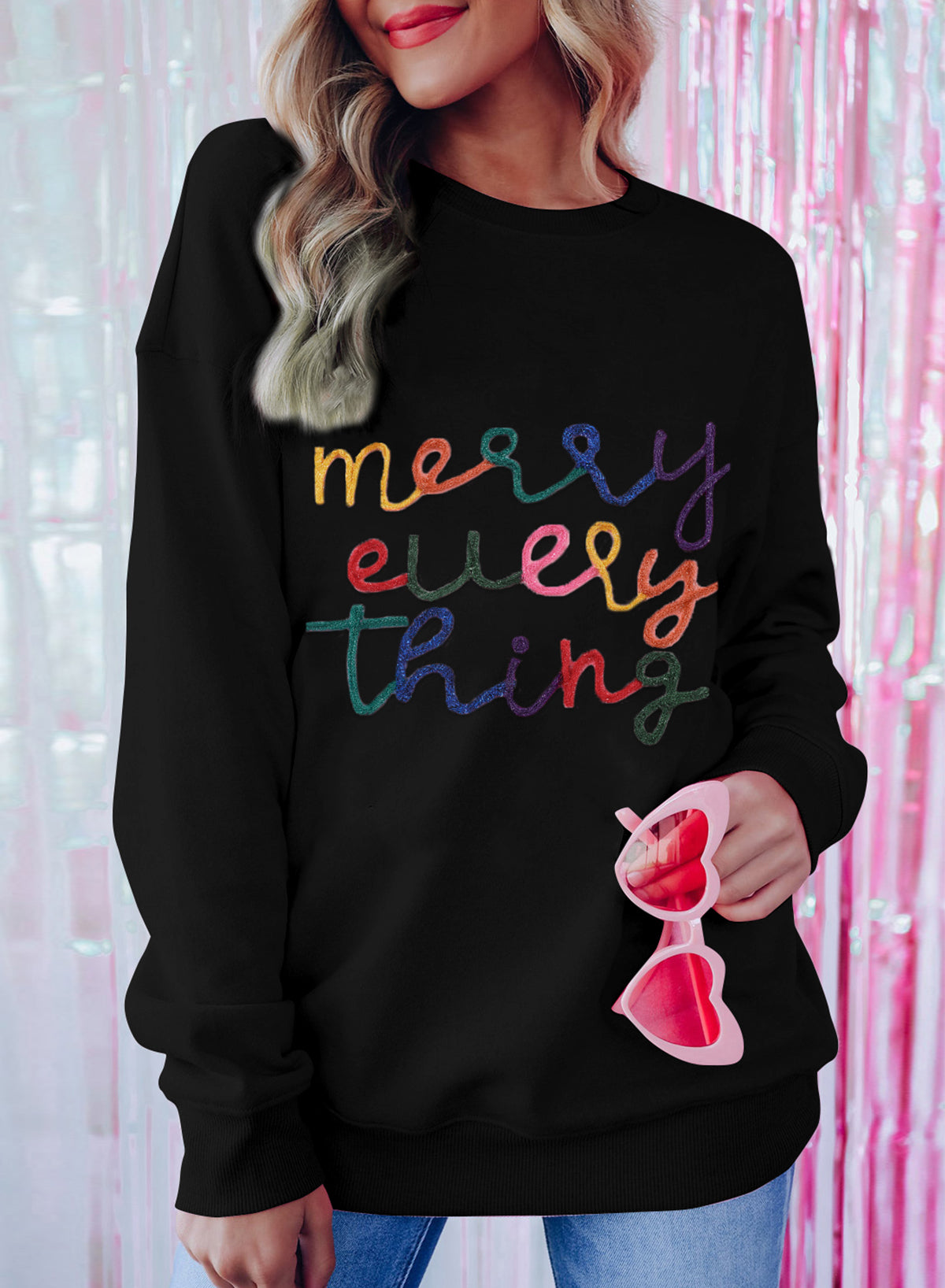 Sweat-shirt noir à slogan « Merry Every Thing Tinsel »