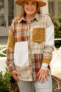 Golden Apricot - Plus Size Plaid Patchwork Button Down Jacket