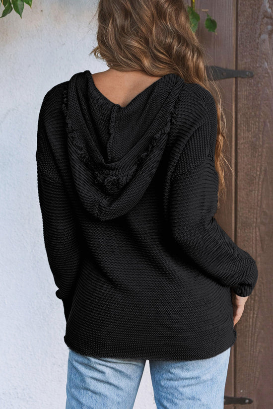 Black Ribbed V-Neck Drop Shoulder Hoodie