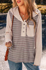 Grey Textured Knit Color Block Striped Henley Hoodie Top