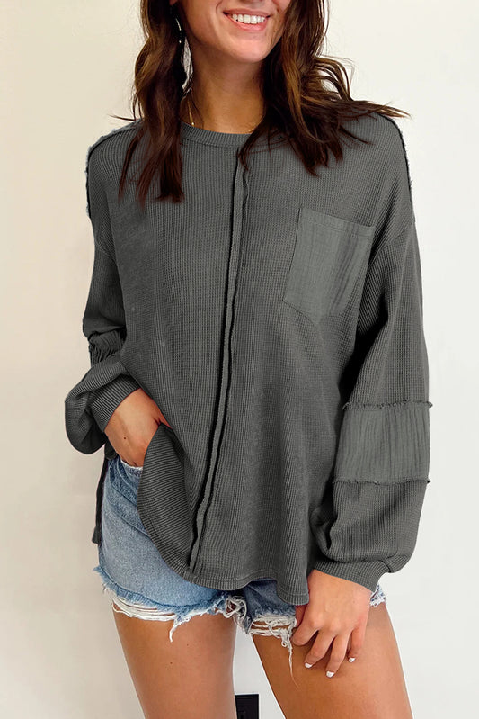 Gray Exposed Seam Patchwork Bubble Sleeve Waffle Knit Top