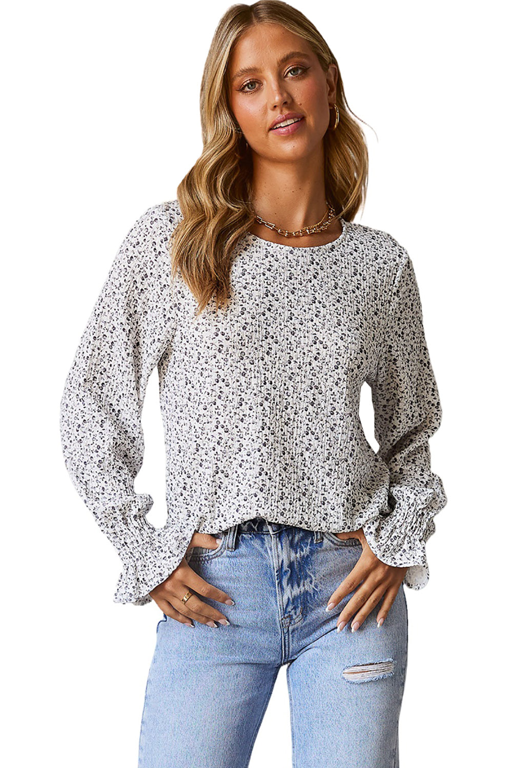 Blusa de manga de burbujas con estallido floral con estampado floral