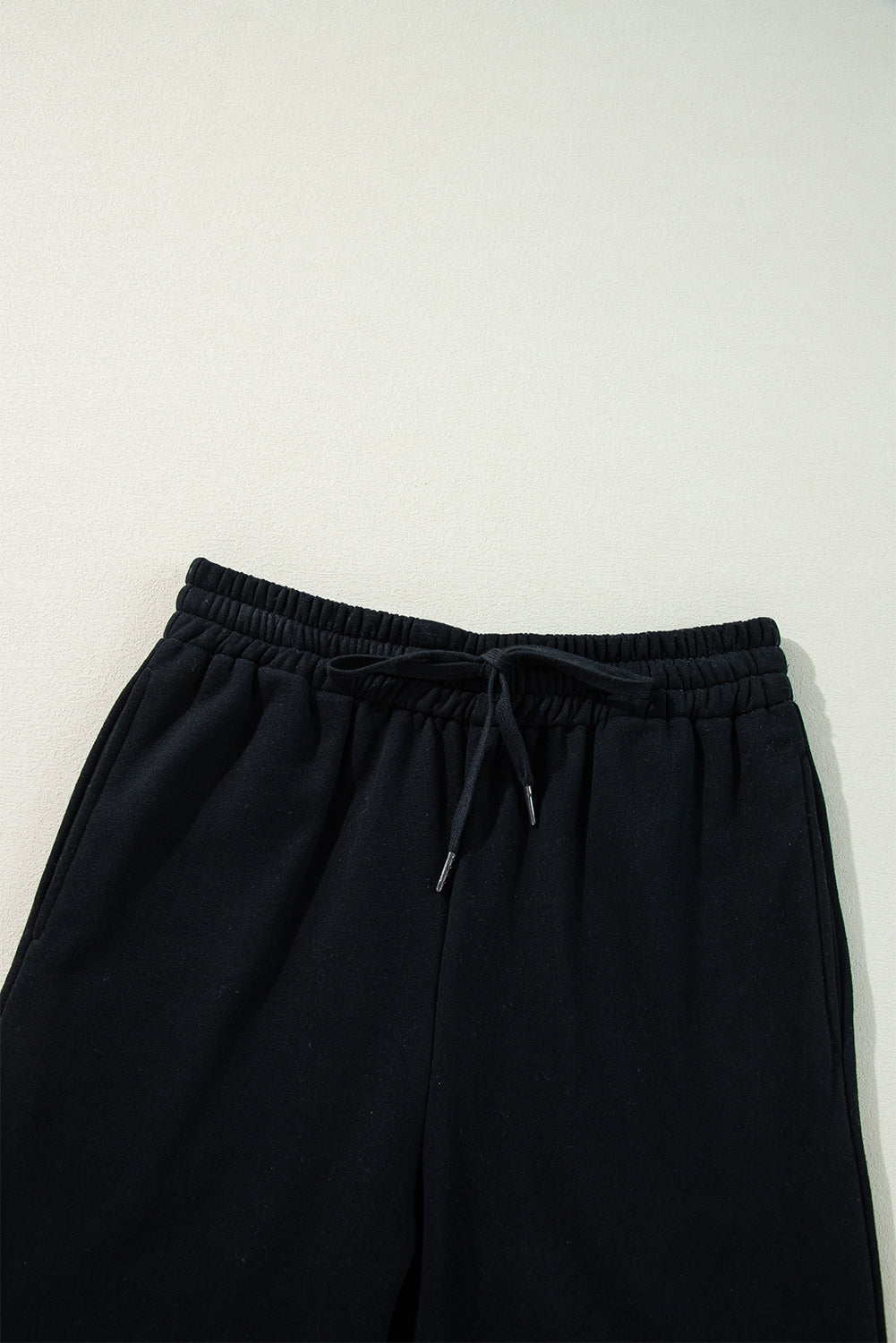 Black Solid Color Fleece Lined Drawstring Waist Casual Pants