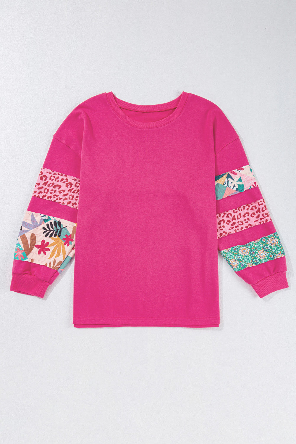 Plus Size Rose Red Printed Patchwork Sleeve Split Sweatshirt