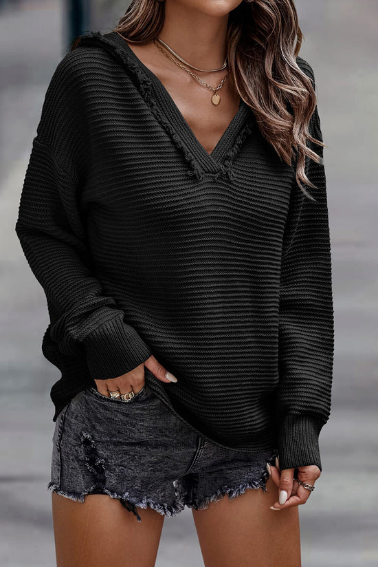 Black Ribbed V-Neck Drop Shoulder Hoodie