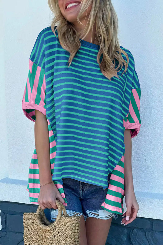 Blue Stripe Colorblock Patchwork Baggy T -Shirt