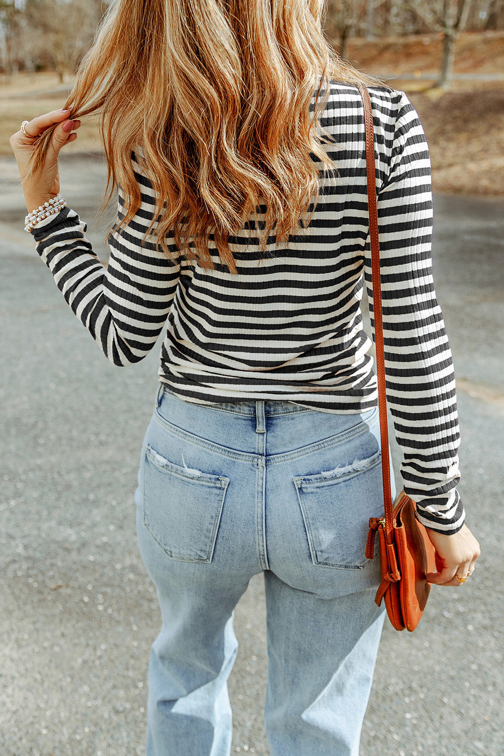 Black Striped Print Textured Knit Long Sleeve Tee