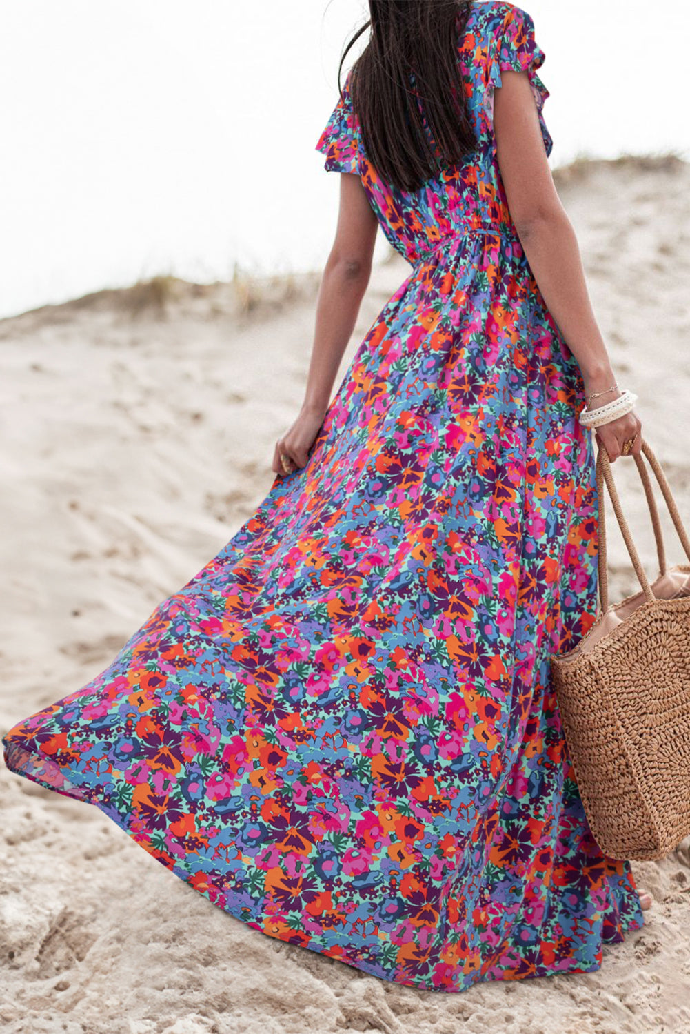 Blue Floral Print V-Neck Wrap Slit Maxi Dress