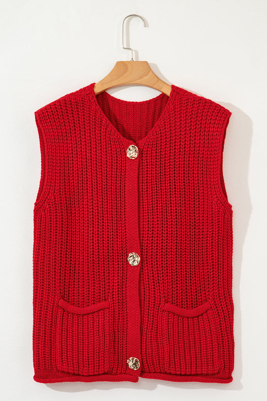 Buried -style buttoned knitted shot sweater with ardent red with side pockets