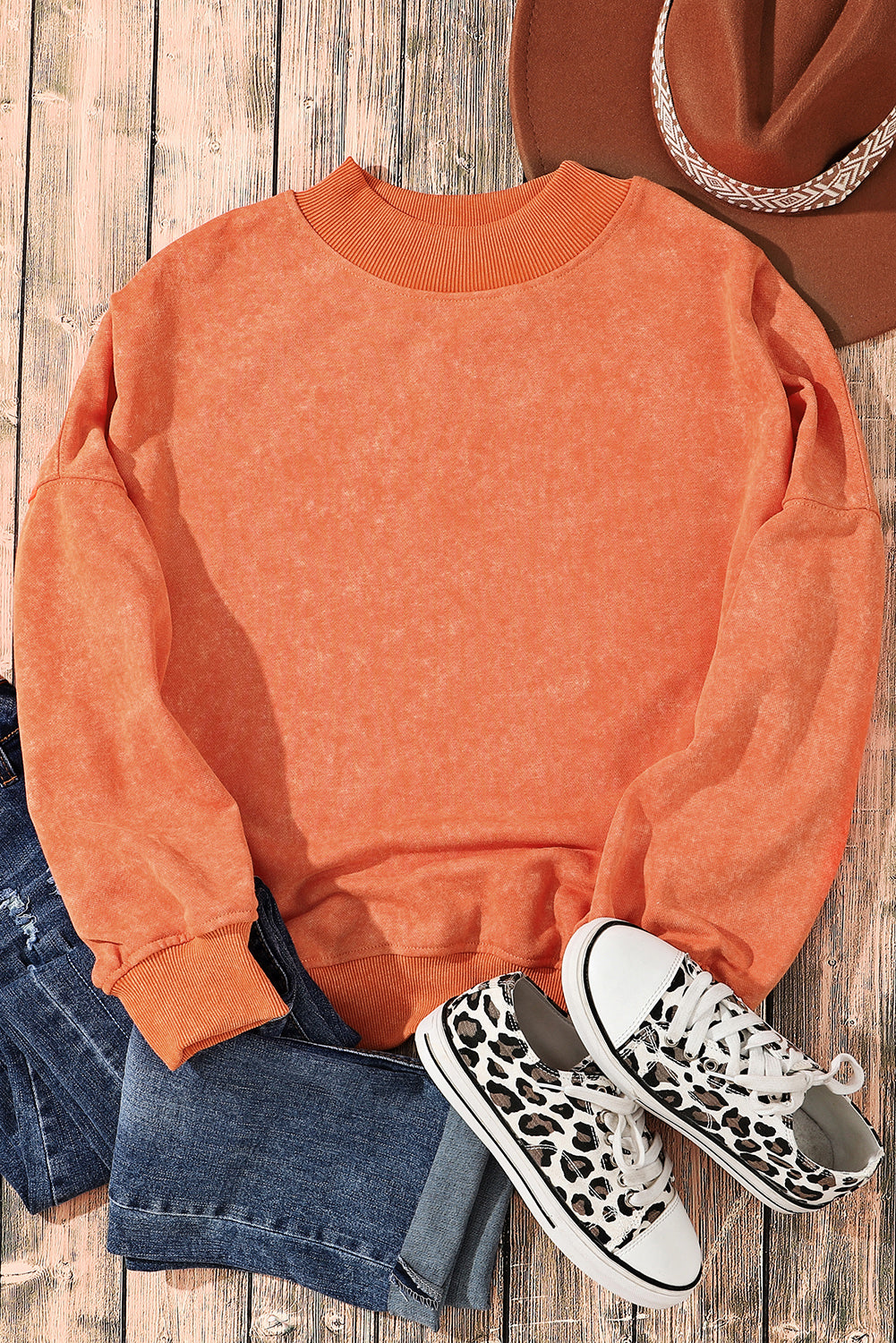 Orange Drop Schulter -Crew -Nackenpullover Sweatshirt