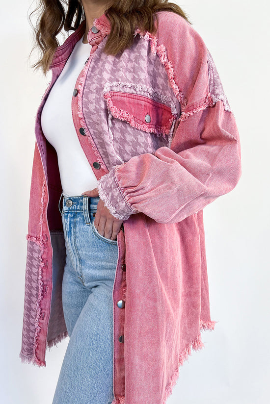 Retro pink distressed houndstooth patchwork denim jacket