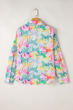 Long sleeve buttoned shirt printed with white colored horse printed