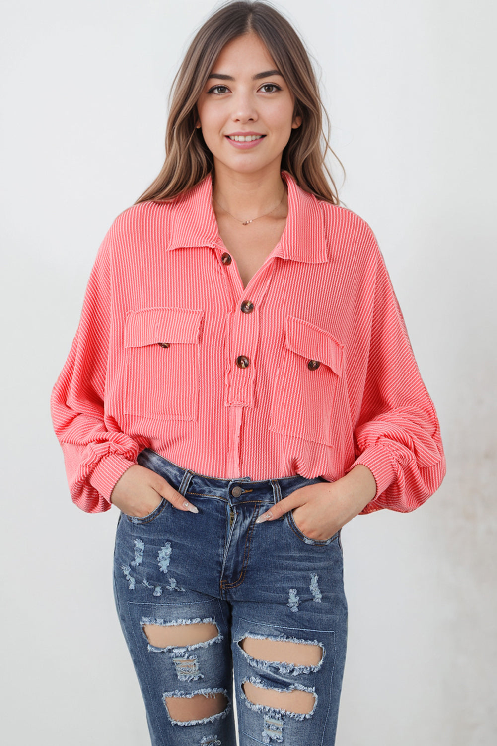 Pink Corded Flap Pocket Henley Top