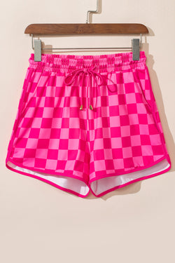 Pink Plaid Drawstring Elastic Waist Casual Shorts