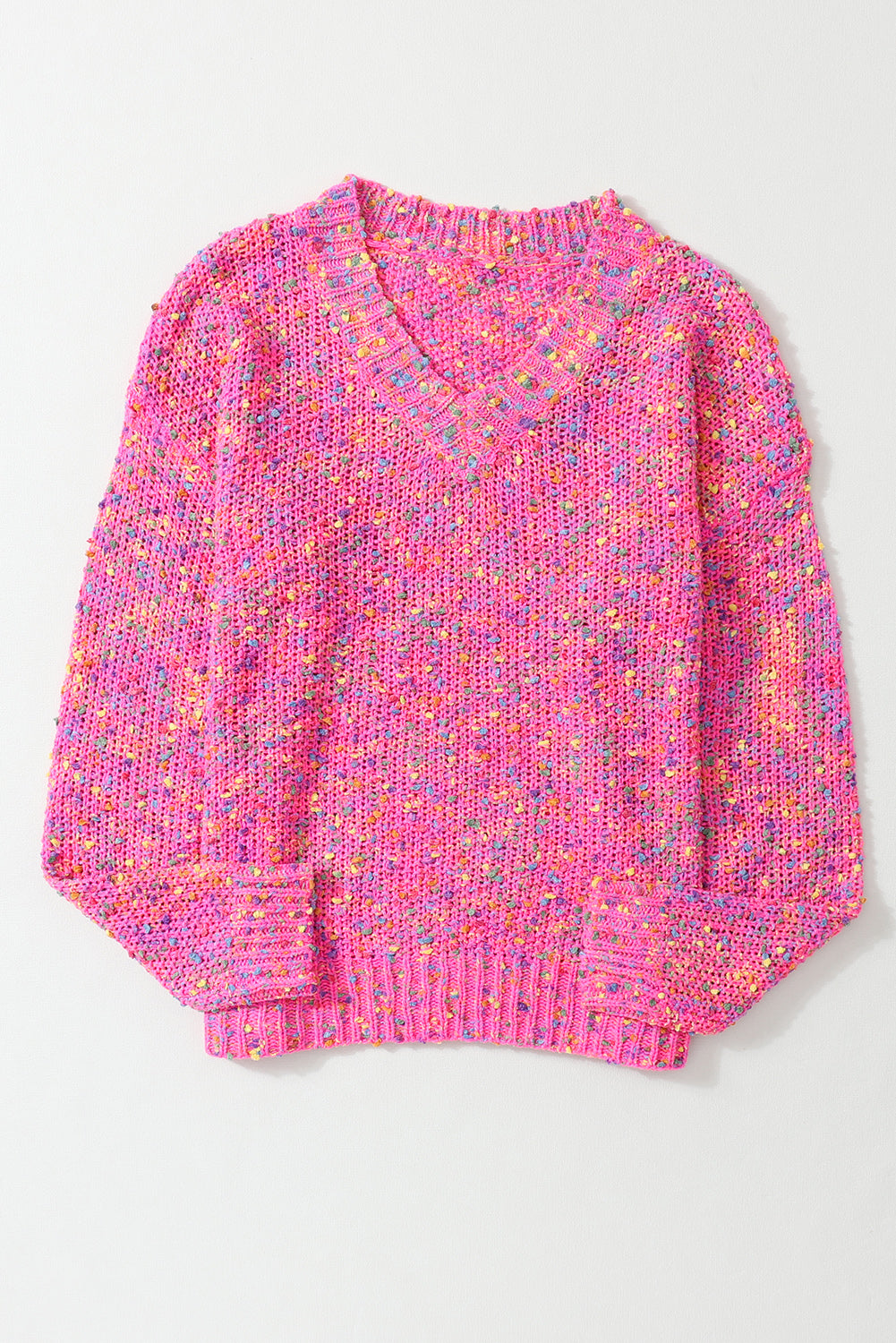 Dark Pink Colorful Spots Knitted V Neck Casual Sweater