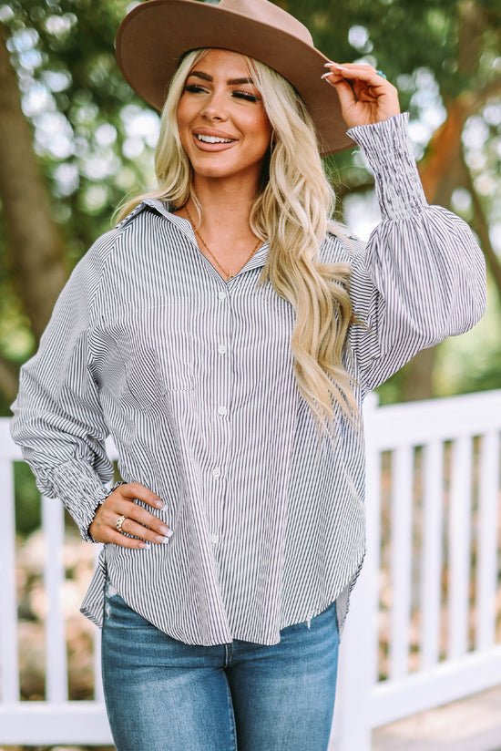 Striped drob shirt with reverse and smocked with pocket