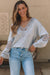 Gray V-neck Hollow Lace Splicing Loose Sweater