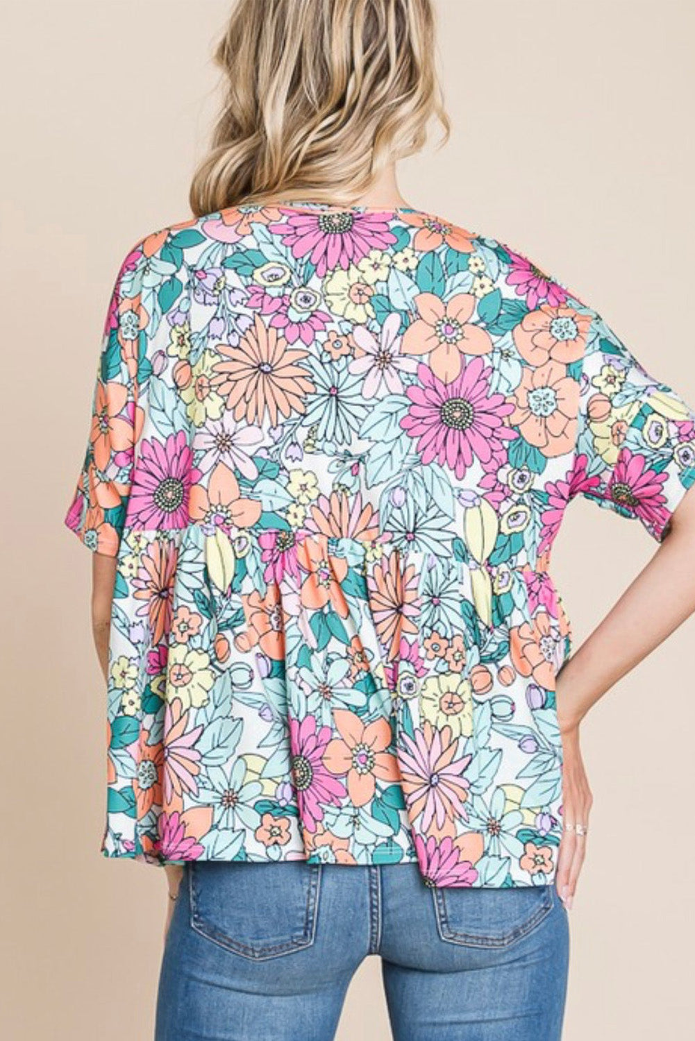 Multicolor Bohemian Flower Print Flowy Short Sleeve Top