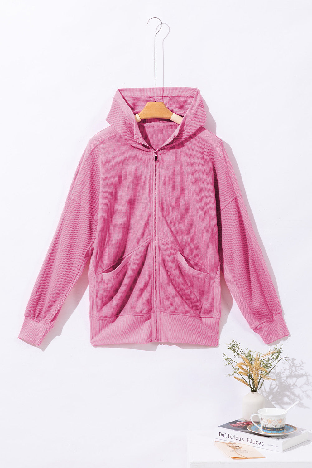 Chaqueta con capucha con cremallera completa rosa gafe termal