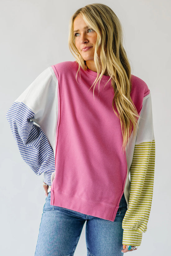 Long sleeve top in striped patchwork with pink sodium stitching