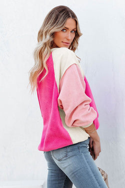 Pink Color Block Long Sleeve Fleece Sweatshirt