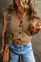 Buttoned sweater vest on the front with a v parchment collar