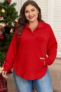 Pull texturé torsadé rouge tomate avec poche zippée sur un quart, grande taille