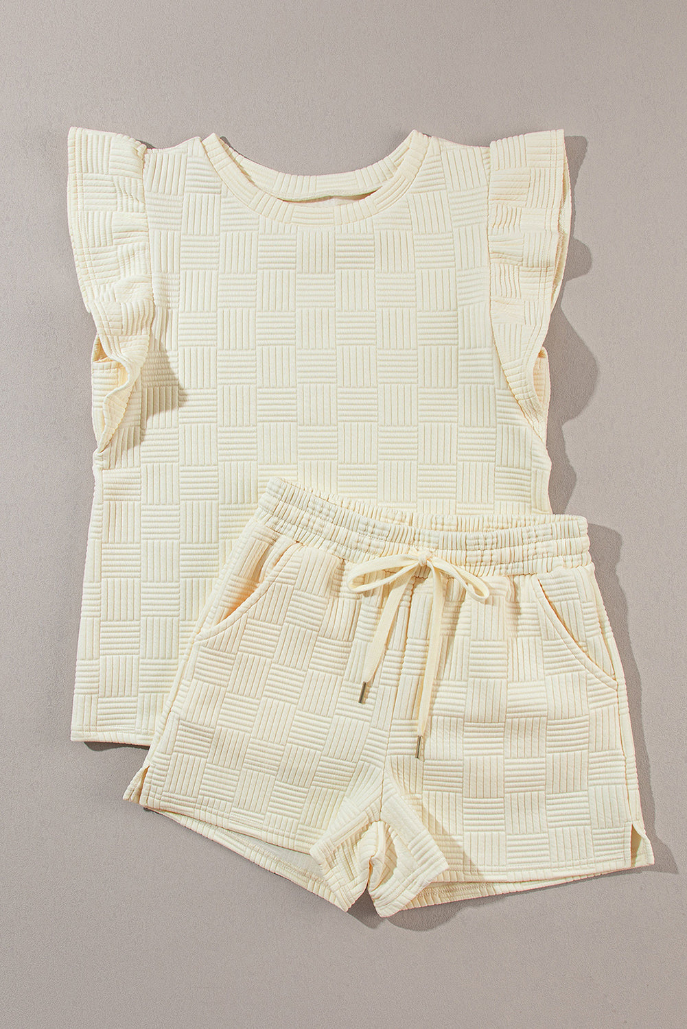 Apricot Textured Ruffle Sleeve Tee and Drawstring Shorts Set