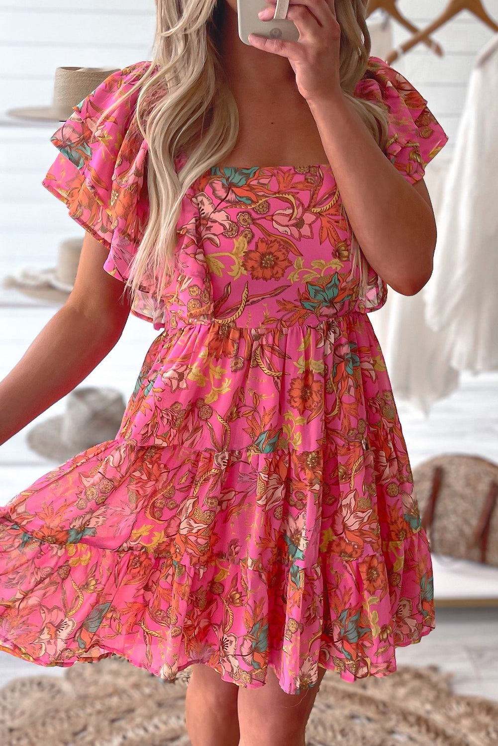 Pink floral dress with square neck and ruffled sleeves