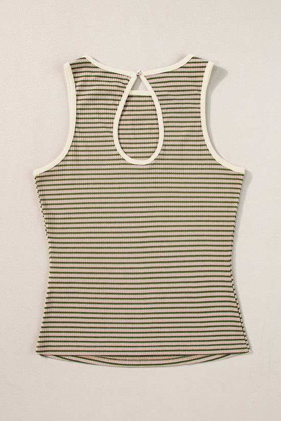 Green Striped and Printed Ribbed Knit Sleeveless Top