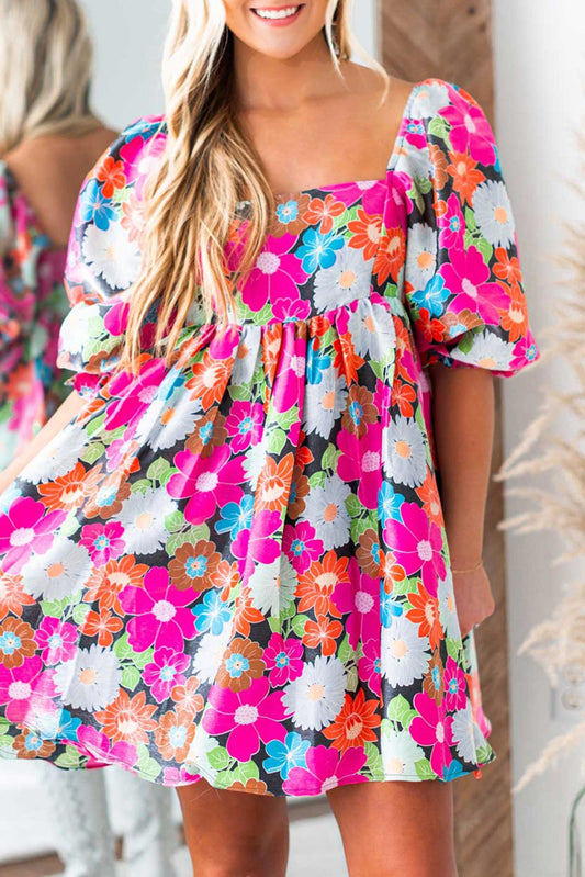 Pink floral print dress, square neck, short puff sleeves