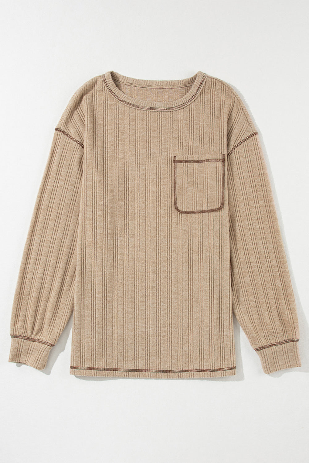 Pale Khaki Loose Exposed Stitching Textured Knit Top