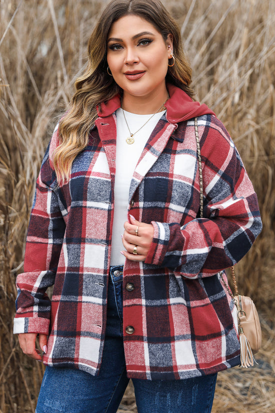 Veste à capuche boutonnée à carreaux imprimée grande taille rouge