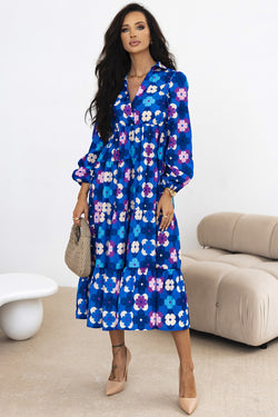 Blue floral midi dress with ruffled peasant sleeves and ruffles