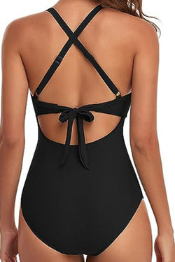 Black monokini with crossed cutouts and bare back, 2 tones