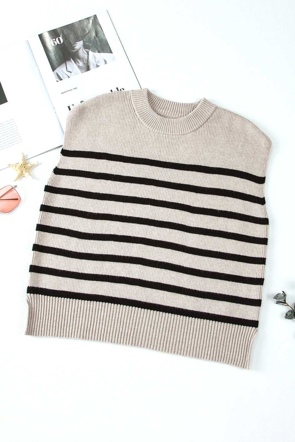 Débardeur pull à col rond en tricot boxy à rayures abricot-A WOMAN WE LOVE