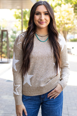 Khaki sweater with drooping shoulders and star pattern