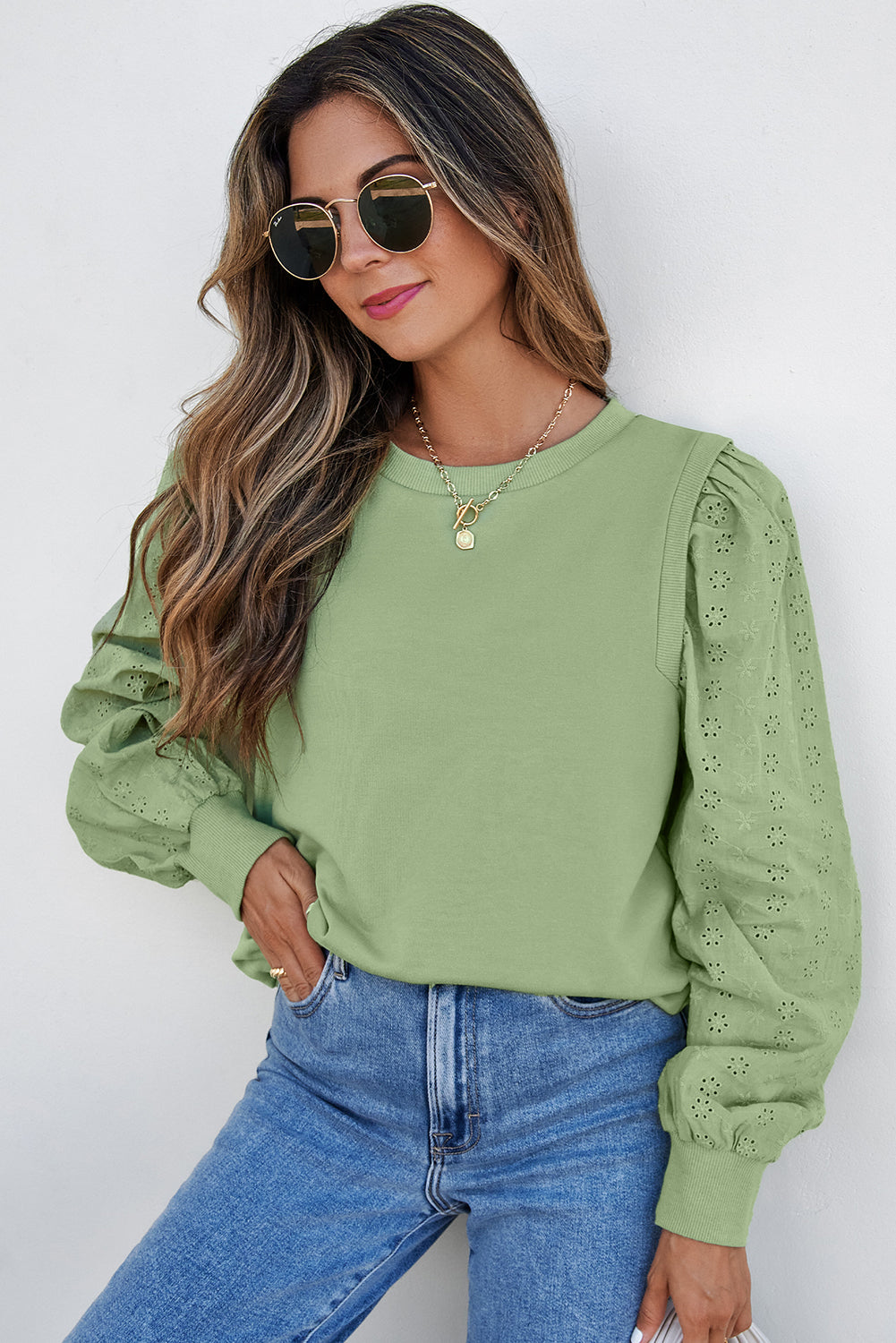 Sweat-shirt à col rond et manches patchwork uni vert brume
